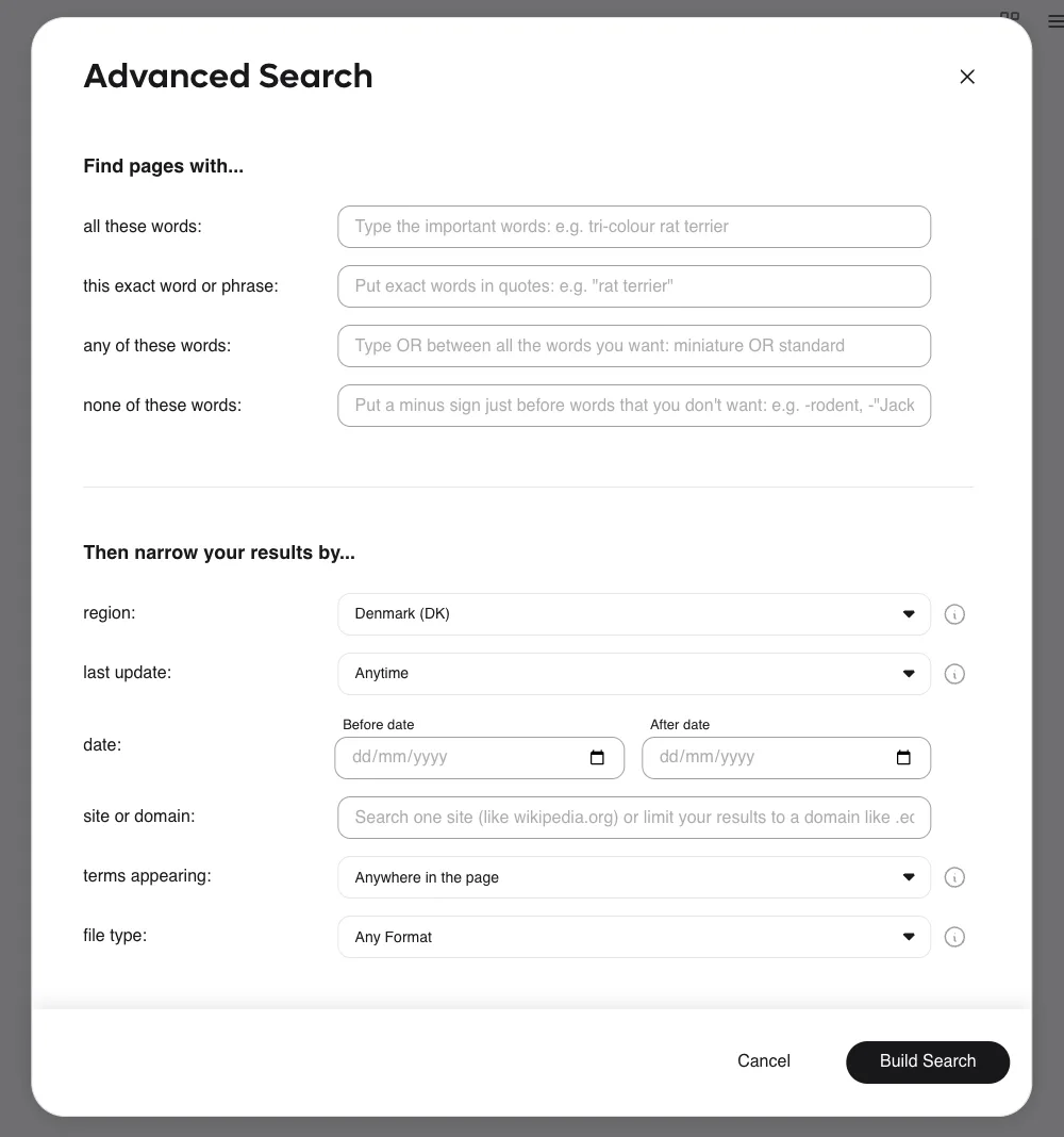 screenshot showing the Kagi advanced search panel