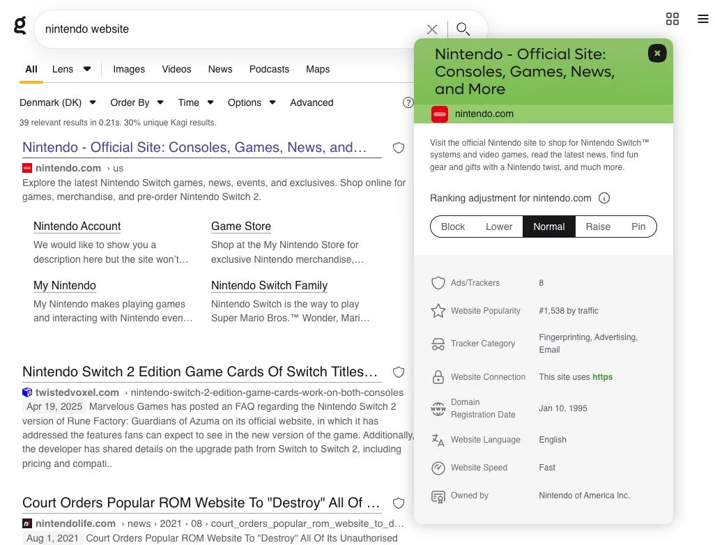 screenshot showing Kagi personalization options