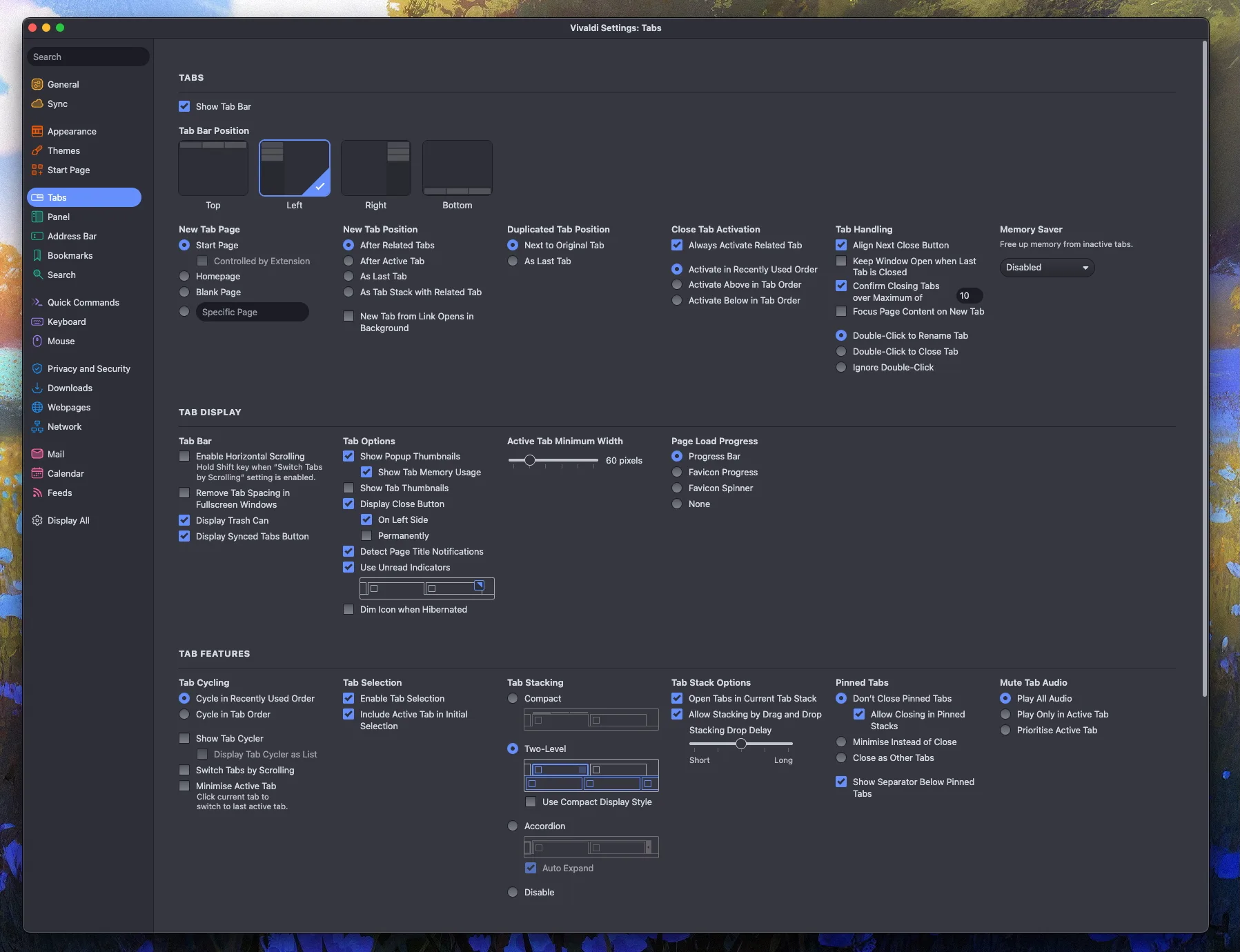 screenshot of the tab settings window in Vivaldi